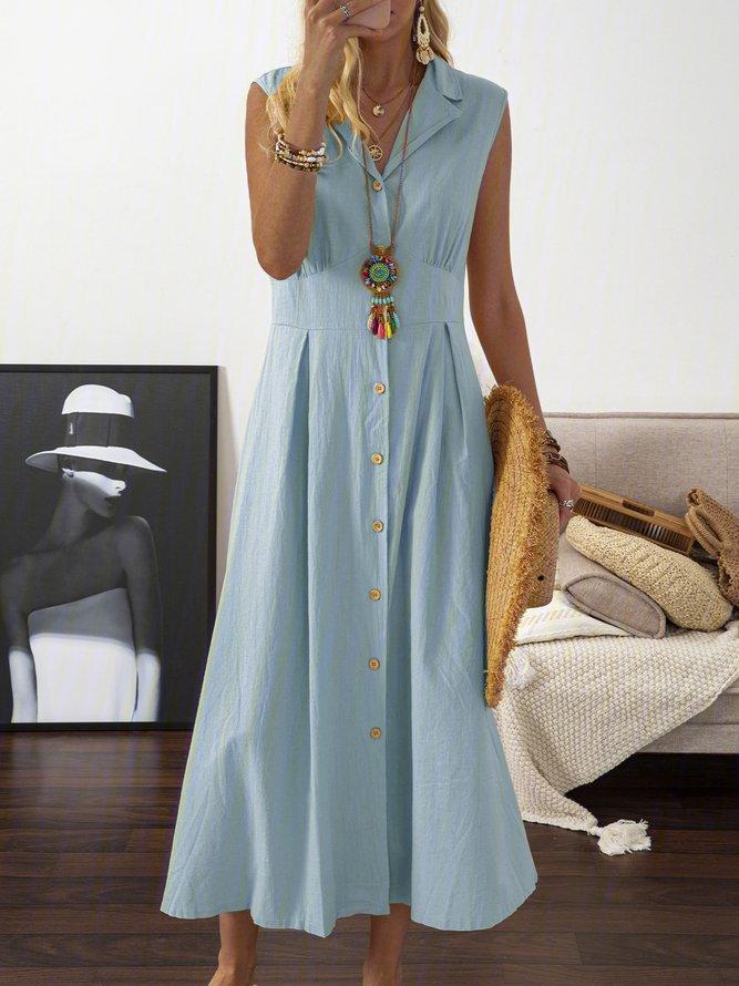 Women's long dress, suit collar, solid color button-down sleeveless swing dress