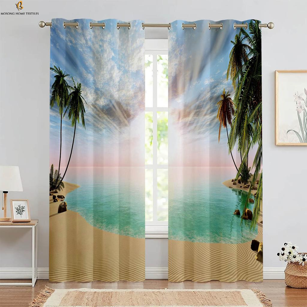 2 Pieces Of Blue Sky Beach Seaside Scenery 3D Stereo Printing Curtains Kitchen Bedroom Living Room Window Decoration Curtains