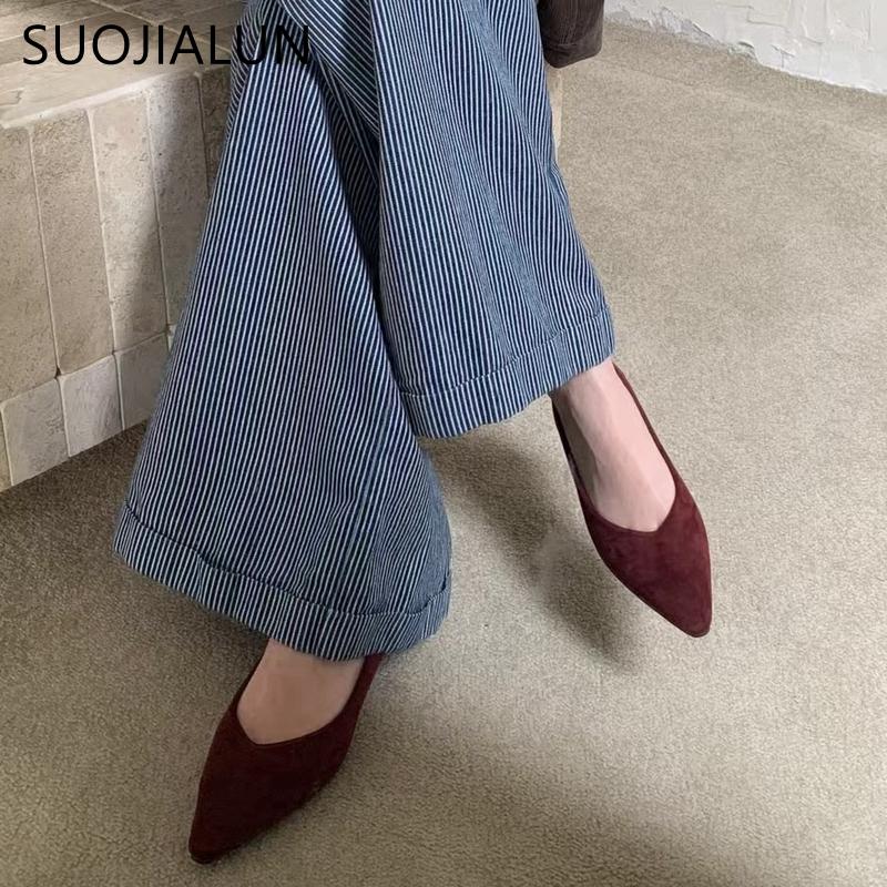 Fashion SUOJIALUN 2024 Autumn Women Flat Shoes Fashion Pointed Toe Shallow Slip On Baot Shoes Soft Low Heel Outdoor Dress Single Shoes