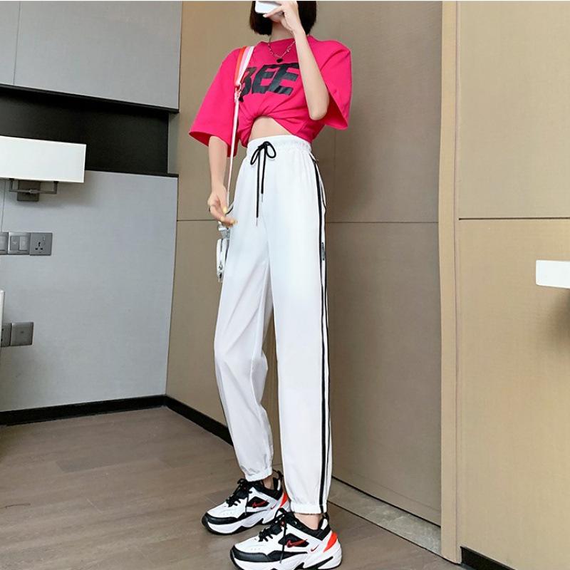 Women's Ice Silk Nine-Point Sports Pants: Summer Thin, Striped, Loose, Cuffed, Anti-Mosquito, Cool, Trendy Casual Wear