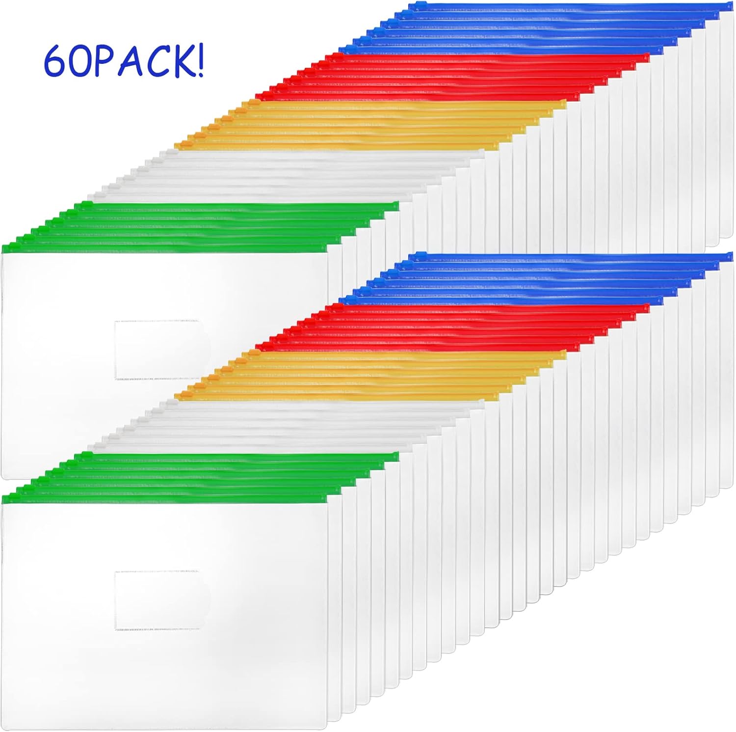 60 Pack Clear Zipper Folders, A4 Size Plastic Zipper Pouch, Zip Files Envelopes for School Office Supplies, Letter Size,5 Colors