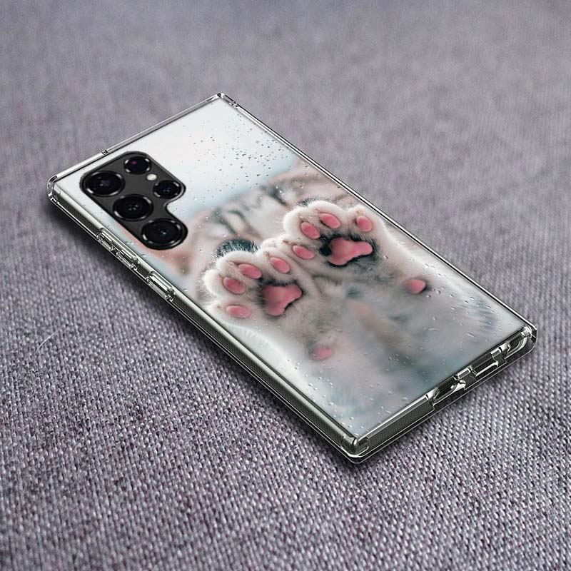 Pink Cat Hand Phone Case For Samsung Galaxy S24 S23 S21 S20 FE S22 S26 Ultra S25 Edge S10 Plus Cover Clear TPU Capa Shell Coque
