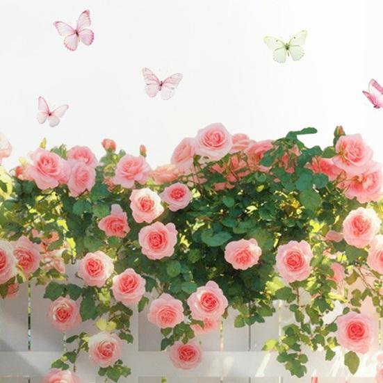 Spring Pink Flowers Fence Wall Decal Removable Floral Wall Art Murals Peel And Stick