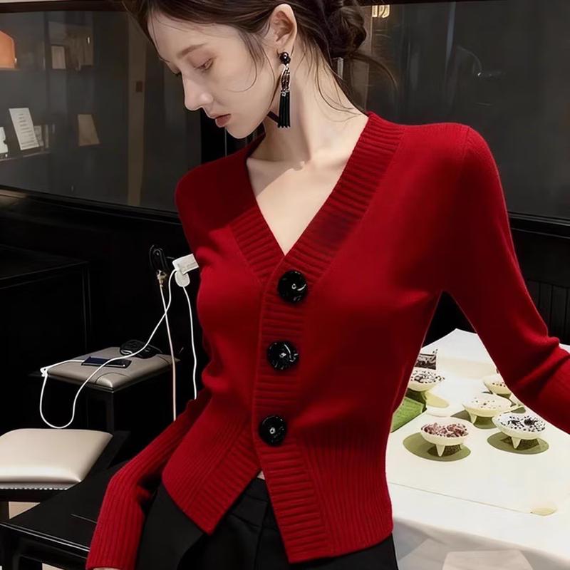 Zuose French Elegant V-Neck Ribbed Knitted Cardigan