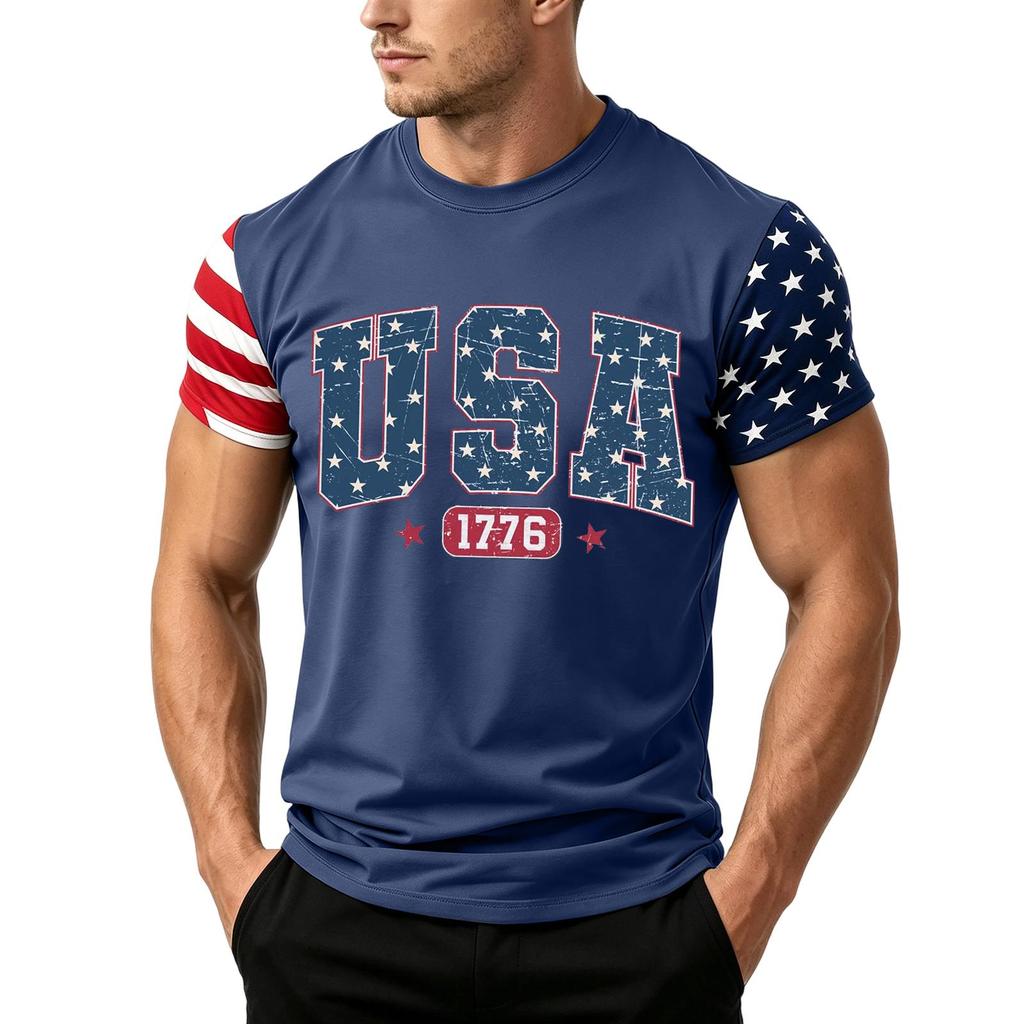 Men's Independence Day Flag Print Short Sleeve T-Shirt, Loose Casual Daily Summer Tops