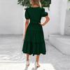 Women's Summer Solid Color Short Sleeve Round Neck Waistband Bohemian Flowy Layered Maxi Dress With Pockets