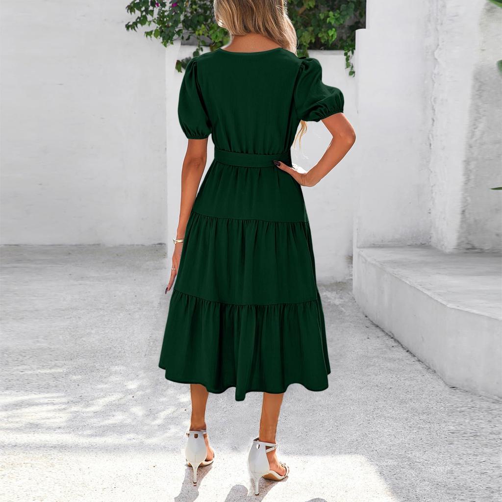 Women's Summer Solid Color Short Sleeve Round Neck Waistband Bohemian Flowy Layered Maxi Dress With Pockets