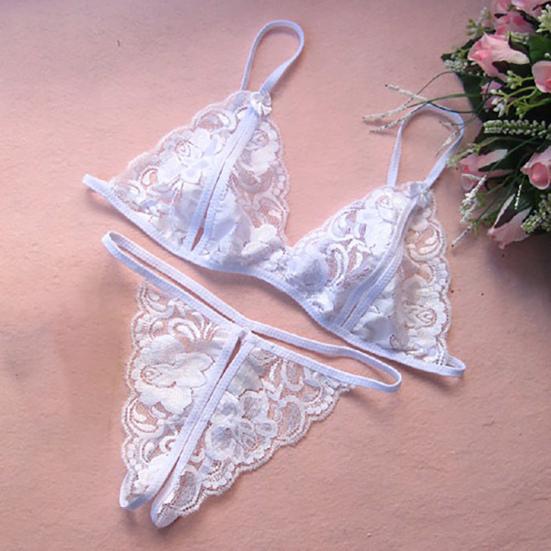Set Sexy Transparent Sutiene și Chiloți Dantelă Florală Plasă Babydoll Set Lenjerie Intimă 2 Piese Sutiene Triunghiulare Transparente G-String Tangă cu Bretele pentru Femei