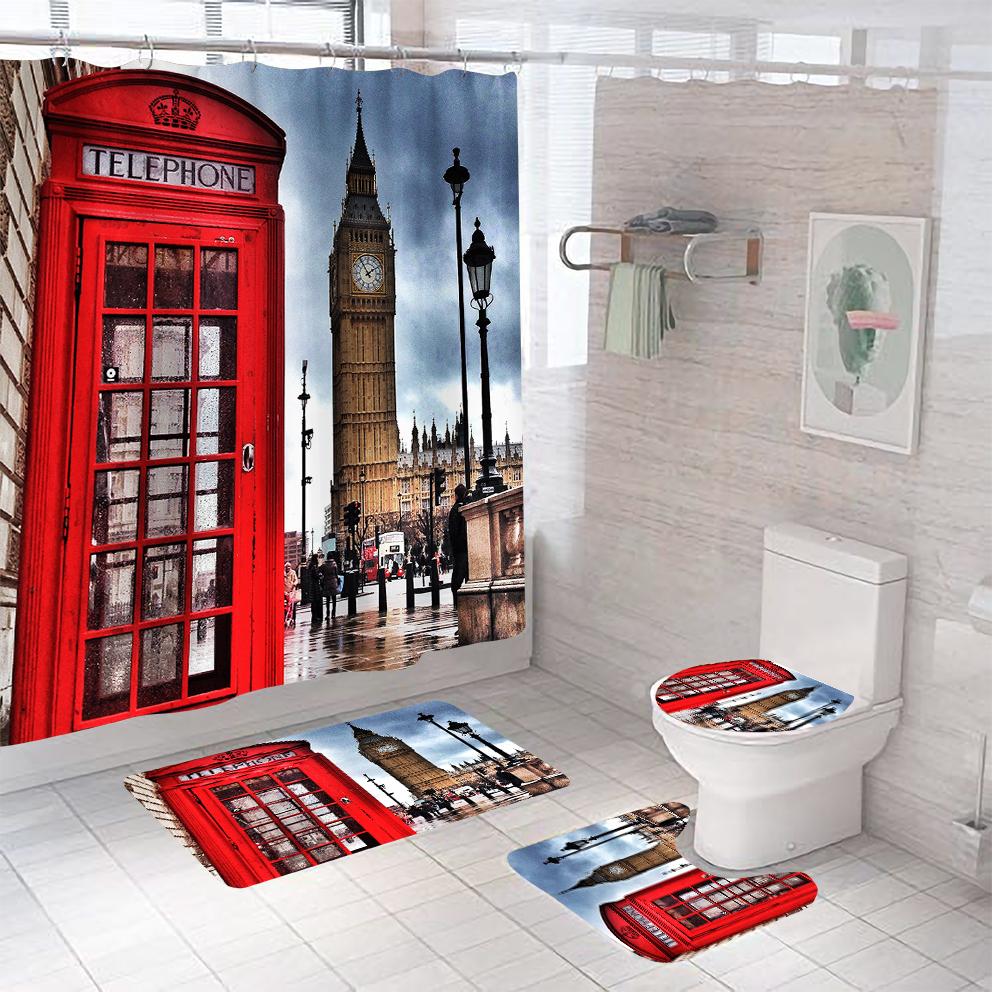 Paris Eiffel Tower Shower Curtain Set With Rugs Waterproof Curtain Bathing Screen Anti-Slip Toilet Lid Cover Rugs Bathroom Decor