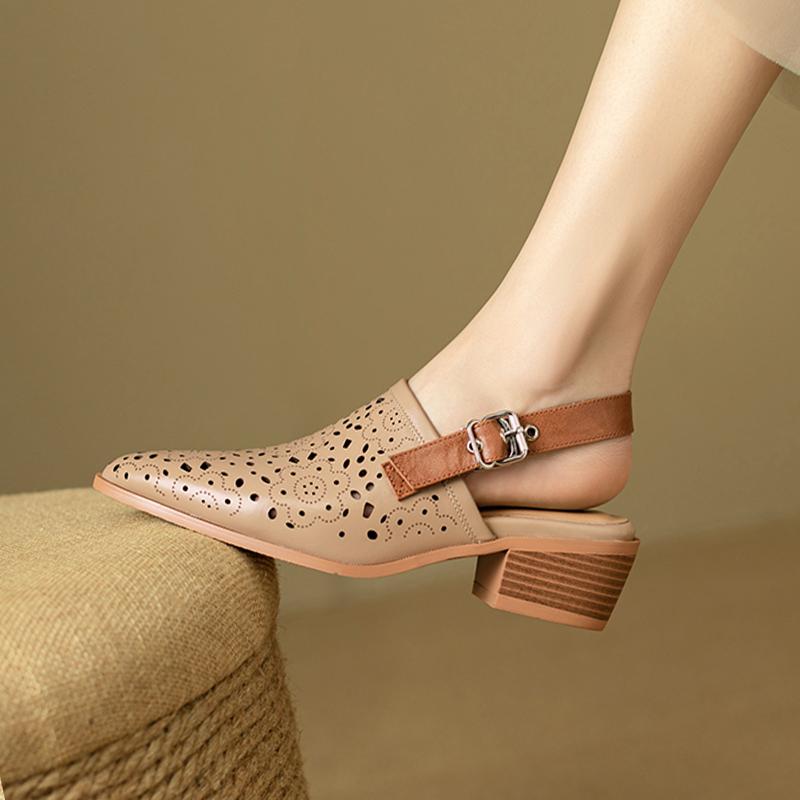 Summer Women Sandals Genuine Leather Shoes for Women Cover Toe Chunky Heel Shoes Pointed Toe Slingback Sandals Gladiator Shoes