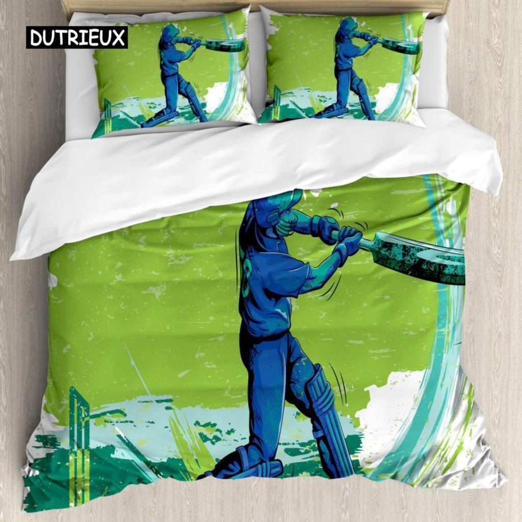 Cricket Duvet Cover Set Abstract Sports Pattern Bedding Set Microfiber Player Playing Game of Cricket Double Queen Quilt Cover