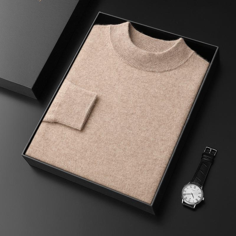 Men's Seamless Cashmere Sweater, Half-High Collar, Solid Color, Loose Fit, Plus Size, Base Layer for Autumn and Winter.