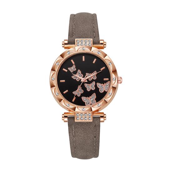 Ladies Butterfly Watch Leather Artificial Watch Rhinestone Strap Quartz Round Dial Fashionable серый