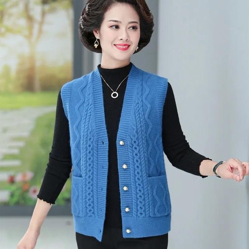 Damen Strickweste Jacke Frühling Herbst Einfarbig V-Ausschnitt Damen Mantel Mittleren Alters Mutter Dame Pullover Weste