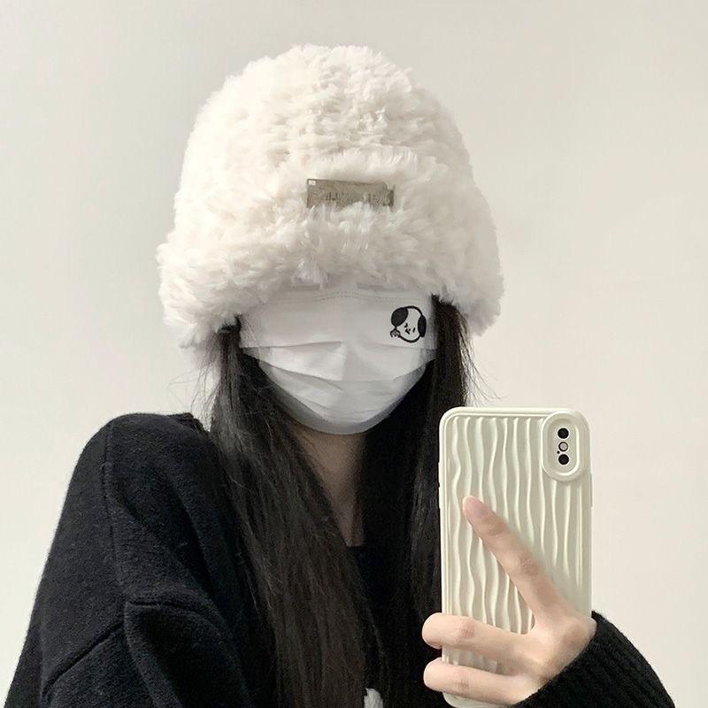 New women's winter plush warm thickened knitted hat wool stripes show small face big head circumference ear protectors stacking hat