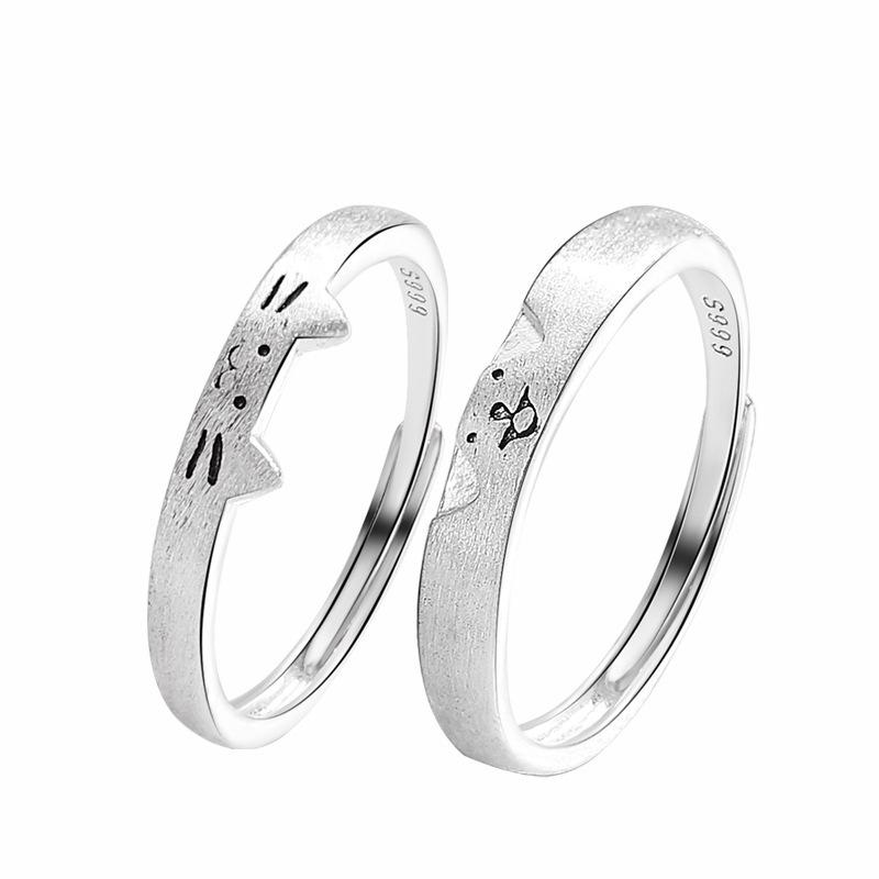 Sterling Silver Cat & Puppy Couple Rings: Cute, Simple Design for Students