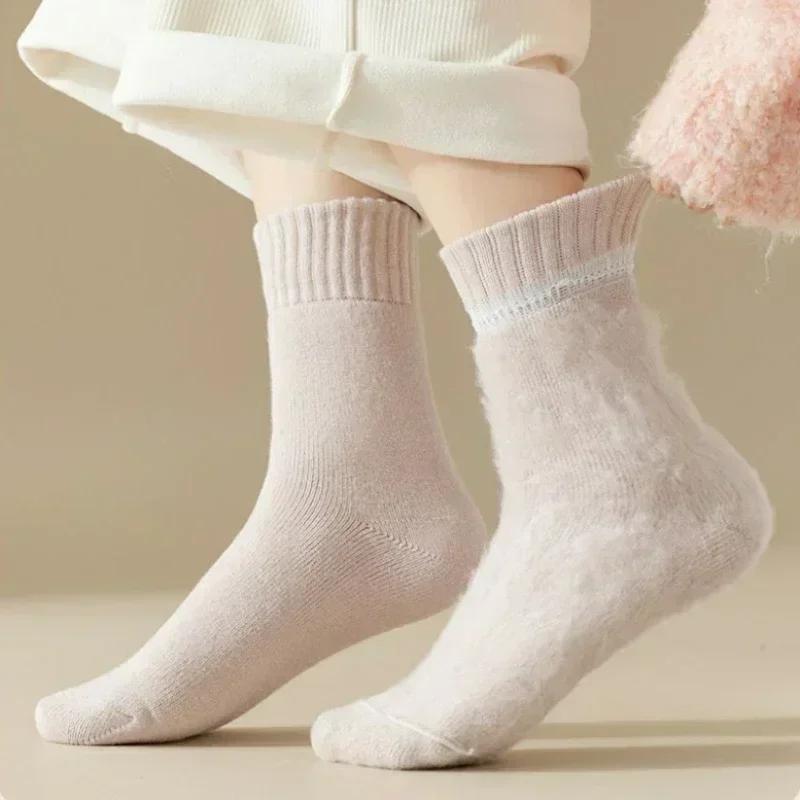 3/5/10 Pairs Women Thicken Warm Wool Socks Winter Boot Solid Color Fluffy Mid Tube Female Comfortable Home Sleep Soft Floor Sock