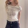American Right Shoulder Beige Letter Short-sleeved T-shirt for Women Summer New Design Bow Slim Slim Top