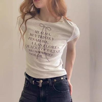American Right Shoulder Beige Letter Short-sleeved T-shirt for Women Summer New Design Bow Slim Slim Top