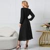 2022 European & American Slim Fit V-Neck A-Line Dress with Belt & Pleated Long Sleeves for Women