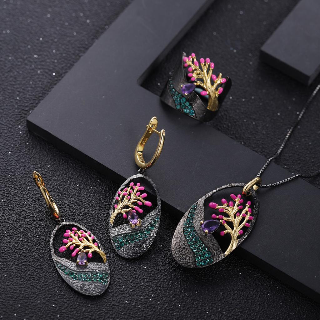 Original Designer Natural Style Tree of Life Ring Italian Craft Retro S925 Silver Natural Amethyst Ring