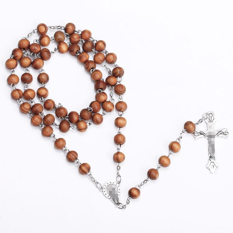 8MM Wood Rosary Beads Necklace For Women Men Catholic Jesus Christ Cross Crucifix Pendant Long Chain Religious Zircon