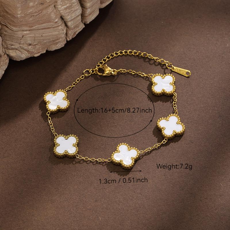 Four-Leaf Clover Jewelry Set: Durable Titanium Steel Earrings, Ring, Bracelet, and Necklace in Trendy 13mm Double-Sided Design.