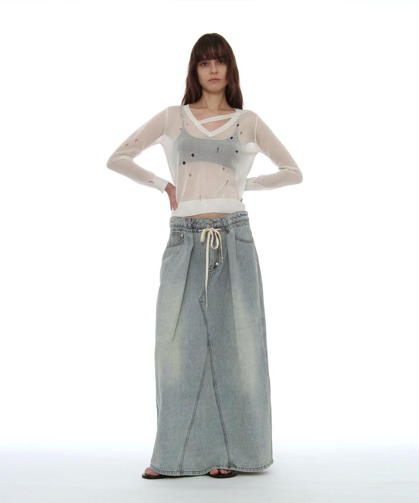 Partimento Woman Drawstring Denim Maxi Skirt_Light Blue