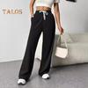 Women Pants Elastic High Waist Adjustable Drawstring Straight Wide Leg Trousers with Pockets Solid Color Casual Pants