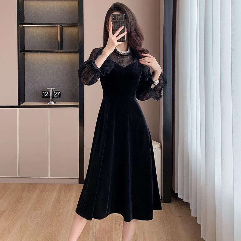 In-Stock Autumn & Winter Lace Mesh Flared Sleeve Swing Dress for a Chic Look