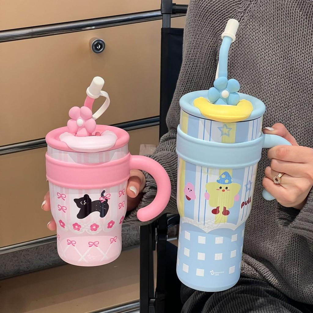 Cute Cartoon Insulated Travel Mug With Handle For Office And Outdoor Use