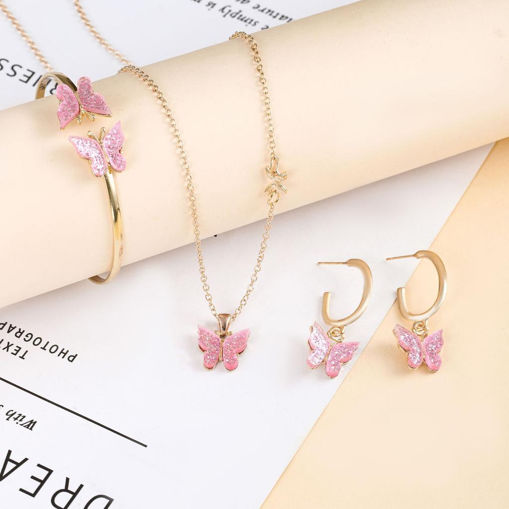 Women Versatile Butterfly 4 Piece Jewelry Set With Earrings Bracelet Necklace And Pendant Fashion Accessories Gift
