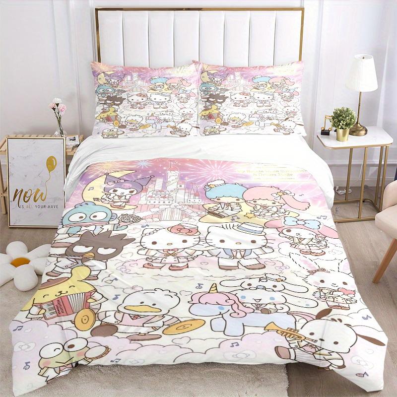 3pcs Sanrio Hello Kitty and Friends Printed Quilt Set - Includes 1 Quilt Cover and 2 Pillowcases, Machine Washable - Suitable for All Seasons.W10