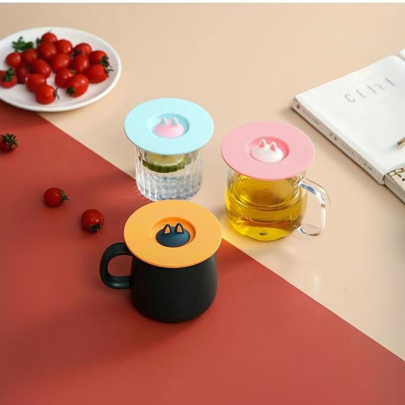 Cute Cat Ear Silicone Cup Lid Food Grade Dustproof Reusable Round Mug Cover for Outdoor Travel Camping Coffee Drink Cups
