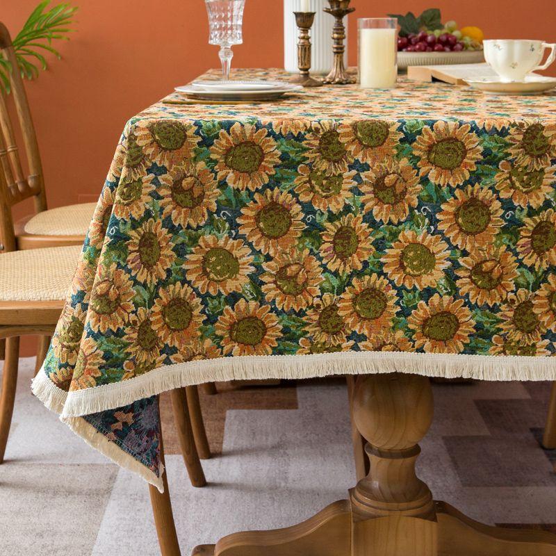 

French Style Retro Romantic Table Cloth Rectangular Sunflower Pastoral Atmosphere Yellow Living Room Coffee Table Cover Cloth Fabric Sunflower Tablecloth 140*140cm (generous table)