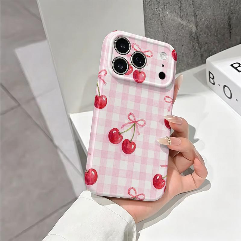 Sweet Gingham Cherry Pattern Art Graphic Design Cute Film Aesthetic Protective Shockproof Bumper Phone Case Cover For iPhone 14 15 16 Pro Max Plus
