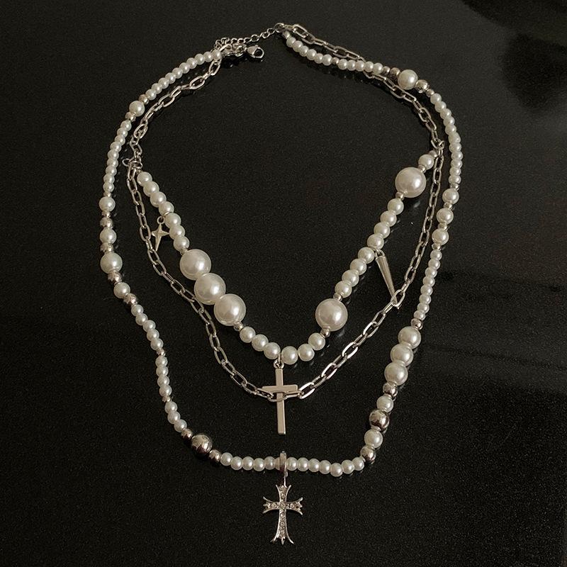 Meier Cross beaded pearl layered necklace - unique y2k hot girl sweet & cool accessories