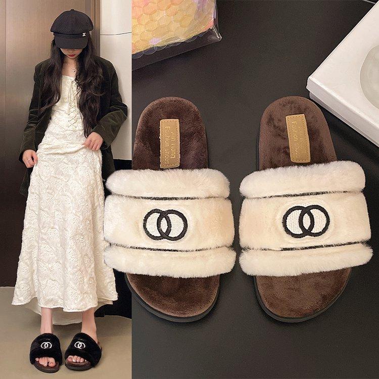 Retro Plush Embroidered Plush Slippers Women's Autumn and Winter Wear 2025 New Plush High-end Thick-bottomed Cotton Slippers
