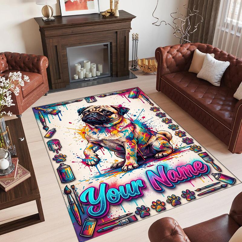Pug Theme Crystal Velvet Floor Rug Personalized Custom Name Text Warm Carpet Home Decoration
