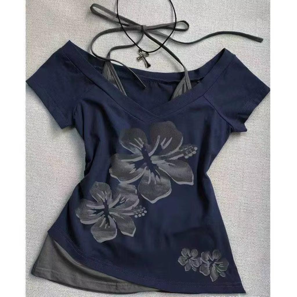 Camisetas de verano de dos piezas con cuello halter y vendaje estilo vintage, camisetas Y2k estéticas ajustadas, camisetas sexis informales con estampado grunge para mujer