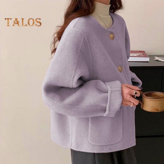Fall Winter Women Jacket Crew Neck Single-breasted with Side Pockets Loose Short Type Woolen Jacket Shopping Commuting Daily Coat