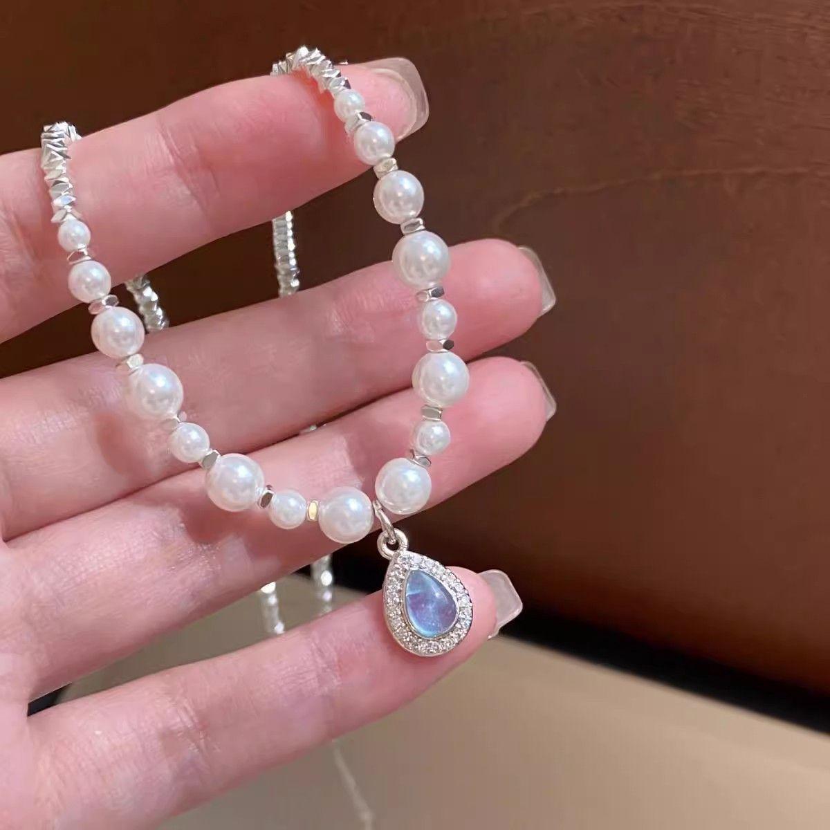 2025 Aquamarine Silver Pearl Necklace – French Light Luxury Gift