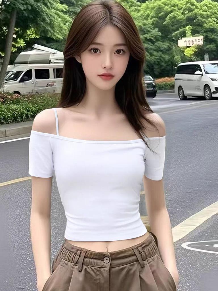 Summer New Off-the-shoulder Suspender Short-sleeved T-shirt Female Slim and Thin One-word Shoulder Short Sexy Belly Button Top Trendy