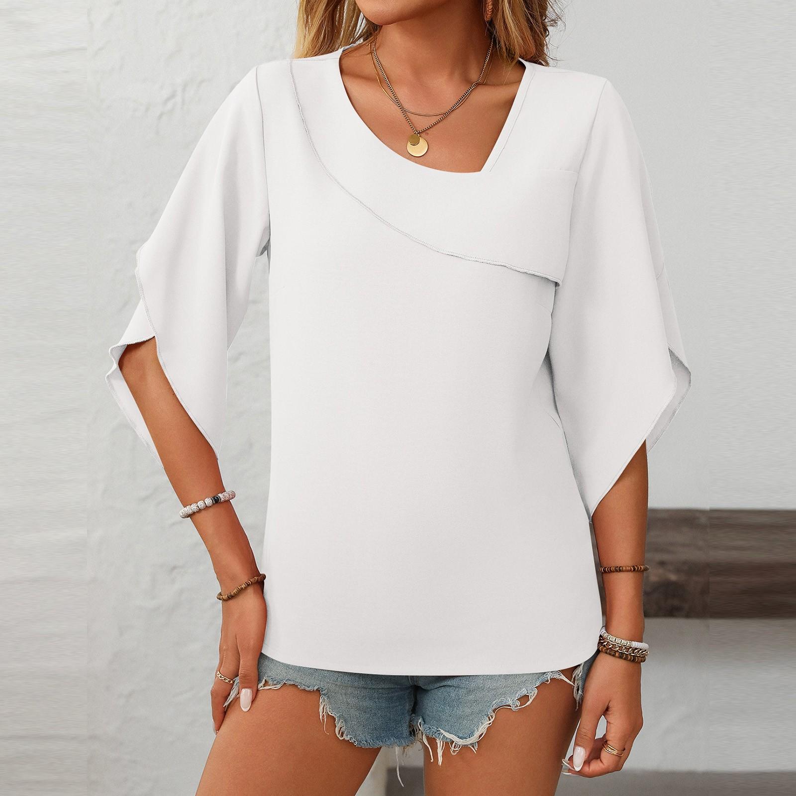 

Женская мода однотонный топ с V-образным вырезом и цветочным принтом, рукавами-бутонами, темперамент XL белый