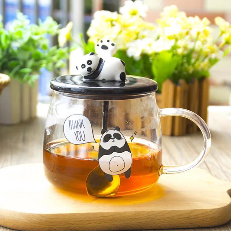 Cană de sticlă rezistentă la căldură creativă de 500 ml cu capac din sticlă borosilicată, cu desene animate de panda, cană de lapte pentru micul dejun și cafea pentru acasă