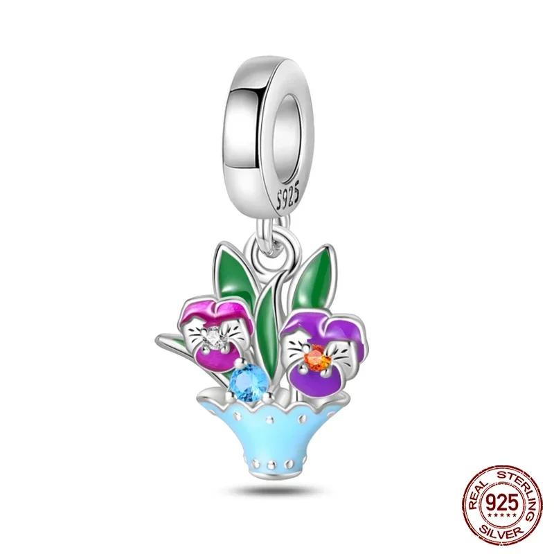 925 Silver Classic Purple Retro Heart Shape Lotus Angel Pattern Charms Beads Fit Necklace Bracelets Pendant DIY Jewelry