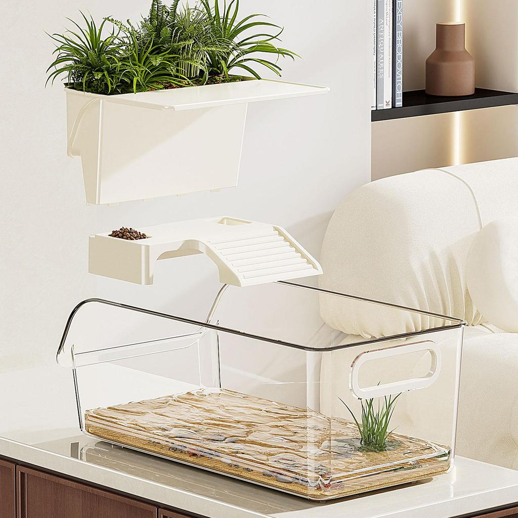Turtle Tank with Basking Ramp Reptile Habitat Pet Terrariums for Frog Hermit Crabs Amphibians Breeding Feeding Container