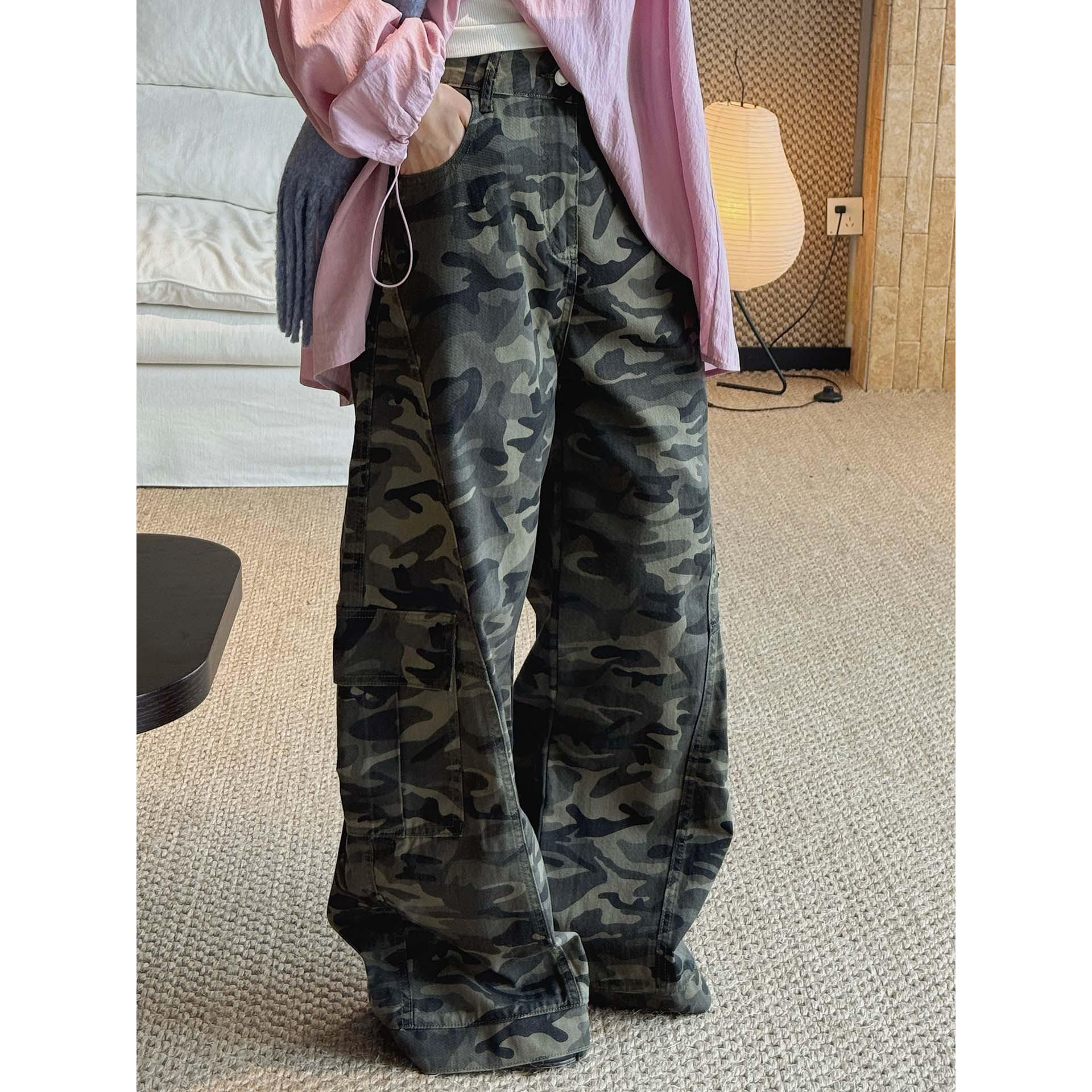 Louvre Spring Korean Retro Camouflage Wide-Leg Jeans for Women M