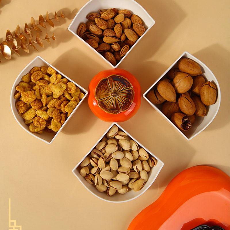 Persimmon Shape Snack Tray 4 Compartments Fruit Box Snack Container Serving Tray with Lid for Home