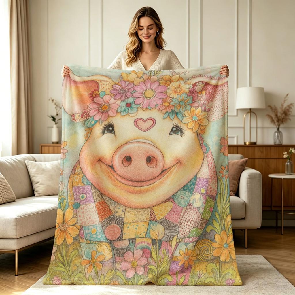All Season Flannel Blanket with Cute Pig Floral Wreath Print Soft Warm Throw Blanket for Couch Sofa Living Room Bedroom Office Home Decor